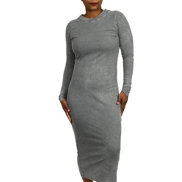 Young Fabulous Broke Dax Dress Grey Midi Ribbed Column Long Sleeves Size Small - Picture 1 of 16